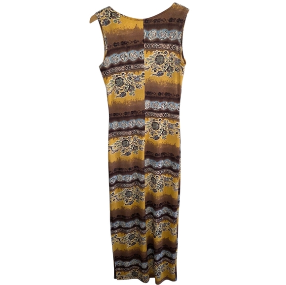 Y2K PerSeption | Slinky Stretchy Brown Mustard Boho Print Maxi Dress Size Medium - Picture 5 of 6